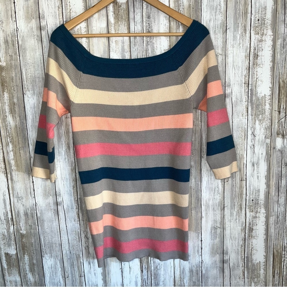 NWT Torrid Off Shoulder Ribbed Sweater 2X Multi Stripe 3/4 Sleeve Fitted Top - Picture 2 of 9